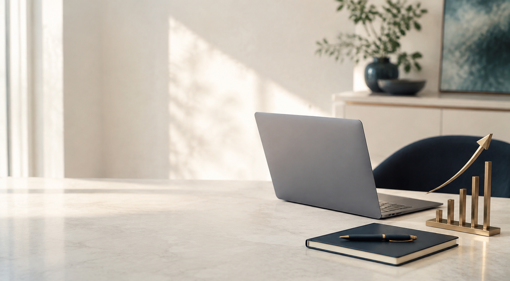 A bright, organized workspace with a laptop, notebook, and upward-trending brass sculpture